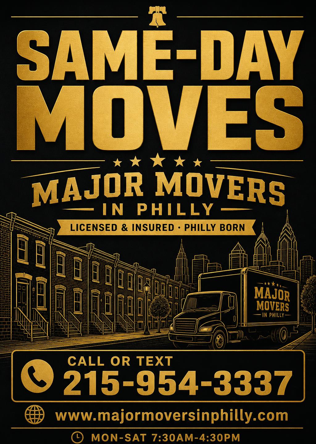 Major Movers same-day moves flyer with Philly rowhome street artwork