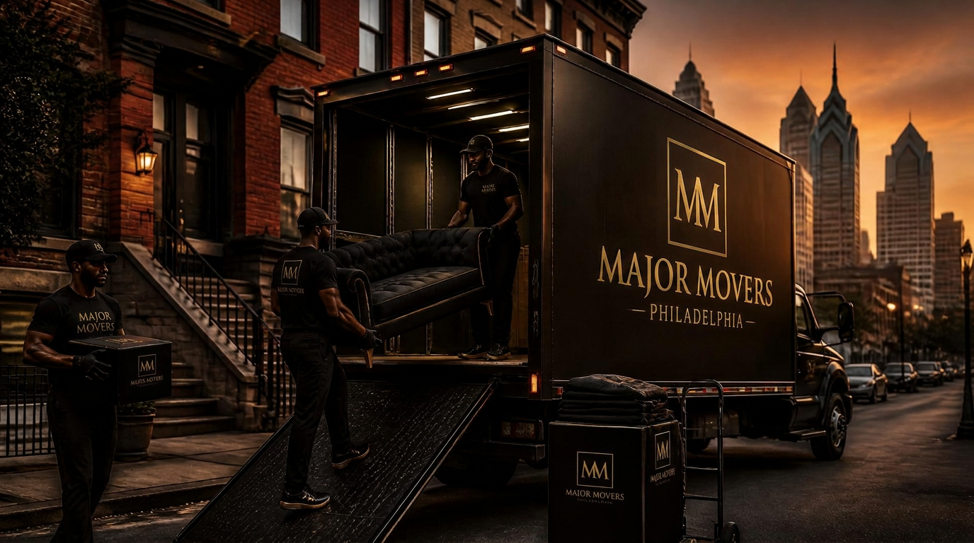 Major Movers loading a Philadelphia rowhouse at dusk