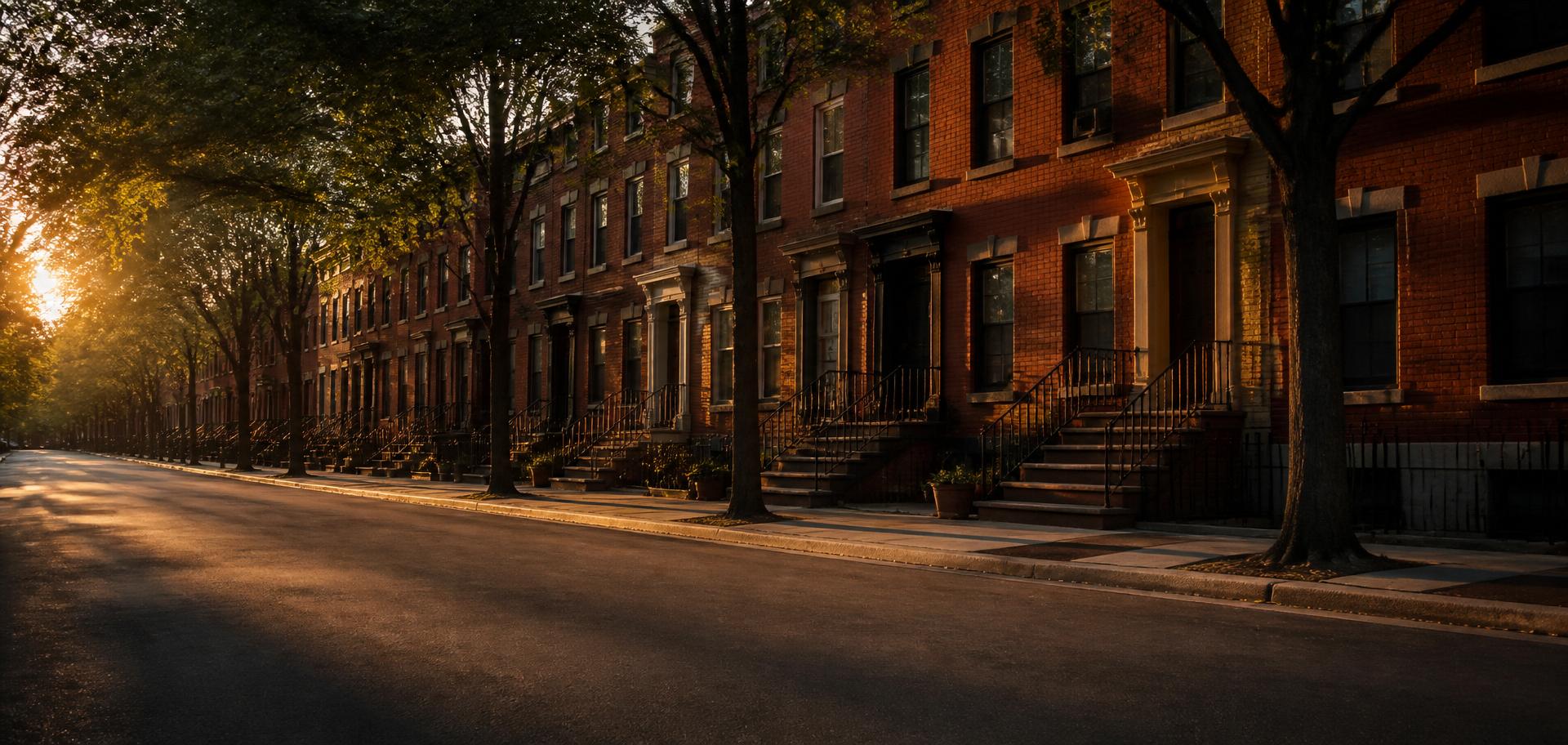 Philadelphia rowhouse street at golden hour